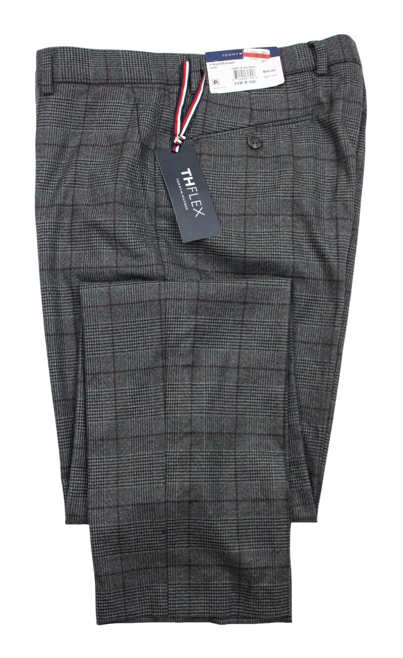 Tommy Hilfiger Dress Pants Mens 33x32 Gray Burgundy Plaid THFLEX Flat Front